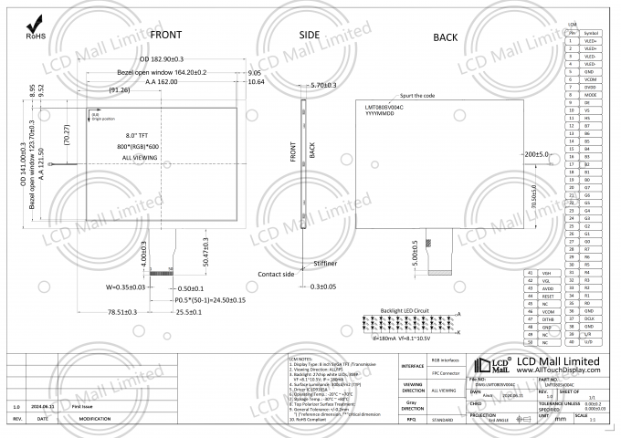 800*600 LCD Panel 400Nits TFT LCD Module με RGB Interface και κατεύθυνση προβολής ALL/IPS 0