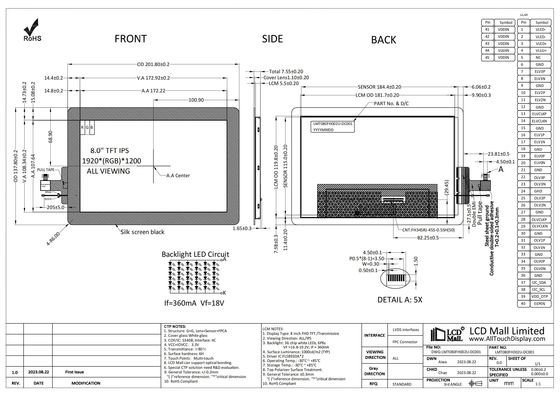 Έξυπνη οθόνη 8' FHD TFT LCD CTP οθόνη 1920*1200 οθόνη LCD οθόνη IPS προβολή 1000nits LVDS διεπαφή